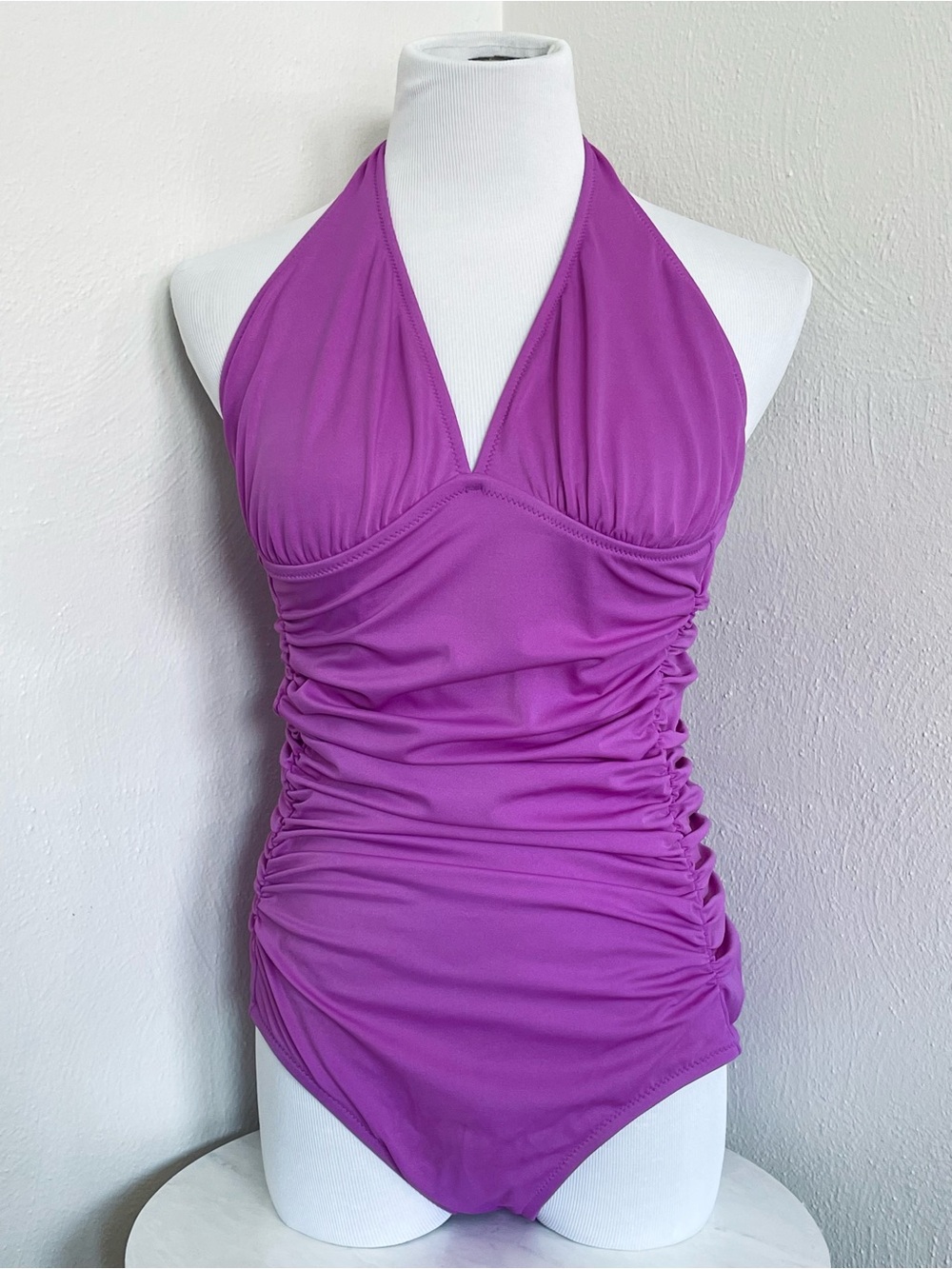 NWT J.Crew Ruched Halter One Piece Swimsuit Purple Orchid Size 12 D-Cup